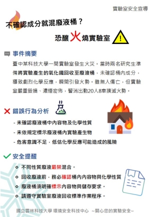 【實驗室安全宣導】不確認成分就混廢液桶？恐釀火燒實驗室
